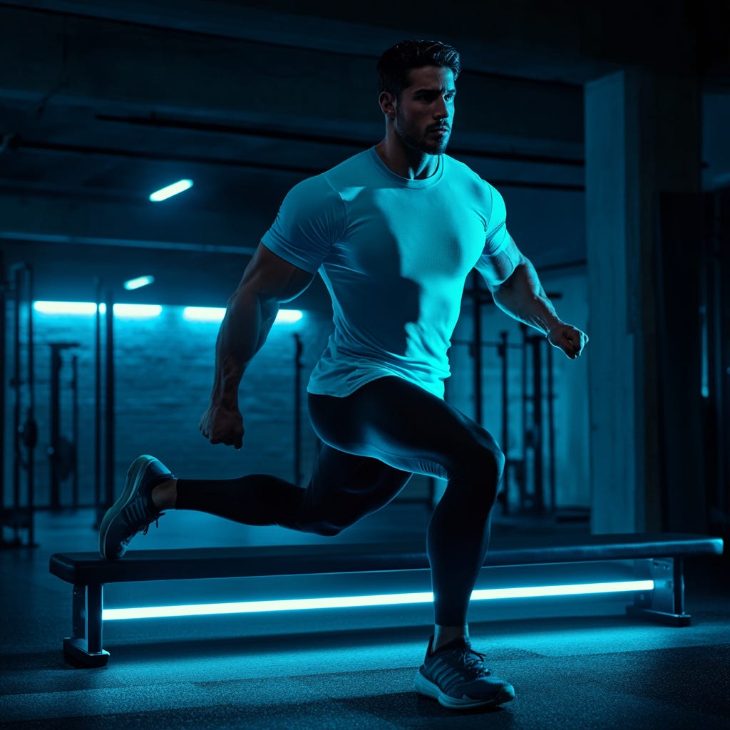 Fit, muscular guy wearing a light blue-shirt and black leggings is performing a RFESS in a dark gym with light blue fluorescent lighting..