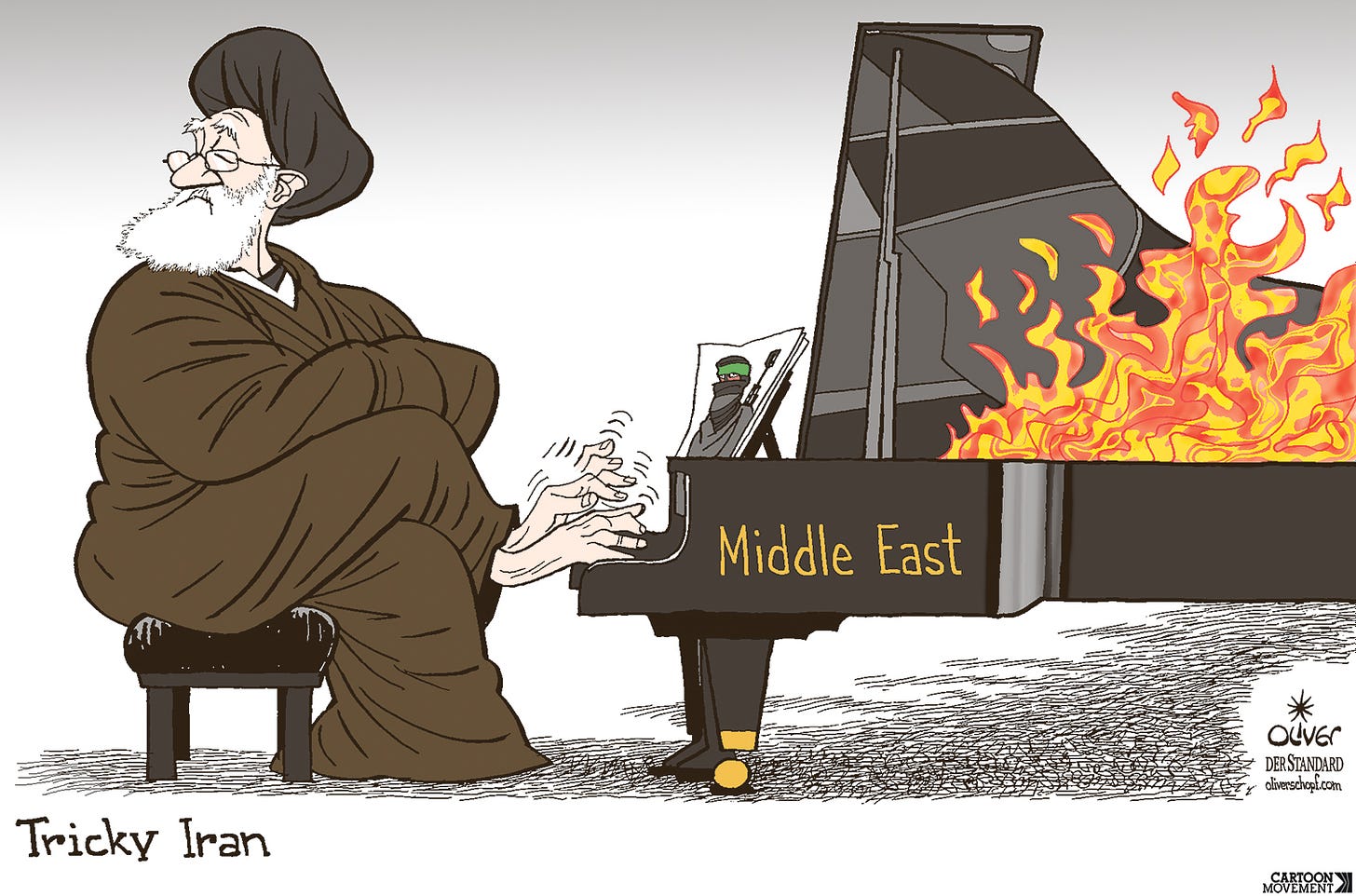 Cartoon showing Iranian leader Khamenei playing a piano with his feet, while his arms are crossed. The sheet music from which he is playing shows a Hamas fighter and the piano is on fire. The piano is labeled "Middle East" and the caption reads "Tricky Iran".