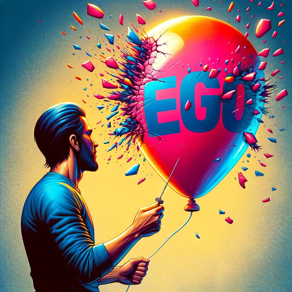 A vivid and dynamic scene capturing the exact moment a person pops a brightly colored balloon with 'ego' on it using a needle. The balloon is in mid-explosion, with pieces flying apart, symbolizing the release from ego constraints. The person, clearly visible and in the foreground, shows a look of determination and liberation on their face. The background is simple to keep the focus on the dramatic action of popping the balloon. This image conveys a sense of triumph over the ego, with the bursting balloon representing the breaking free from limiting self-beliefs.