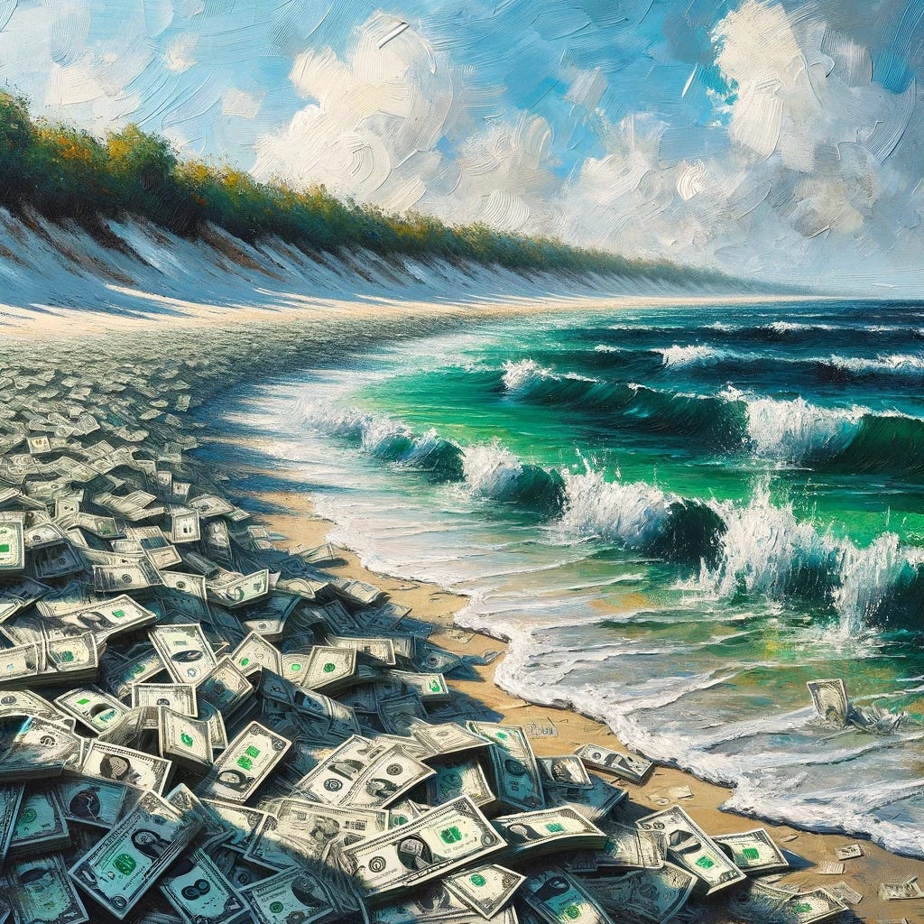 An impressionist painting depicting a sea of dollar bills washing ashore on an uninhabited stretch of coastline. The scene is captured with broad, expressive brushstrokes and a vibrant palette, blending the greens and grays of the currency with the natural blues, whites, and sandy tones of the beach and sea. This imagery suggests a powerful commentary on wealth, nature, and the impact of human values on the environment. The juxtaposition of man-made wealth against the backdrop of untouched nature evokes a sense of contemplation about the relationship between economic prosperity and ecological preservation.