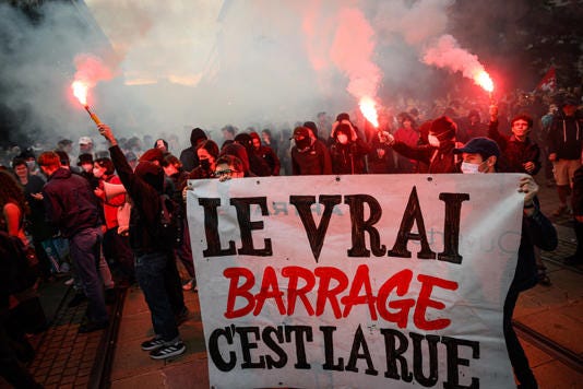 Protests erupted in France after an exit poll showed the country’s left-wing coalition blocked the far-right from taking power (AFP via Getty Images)