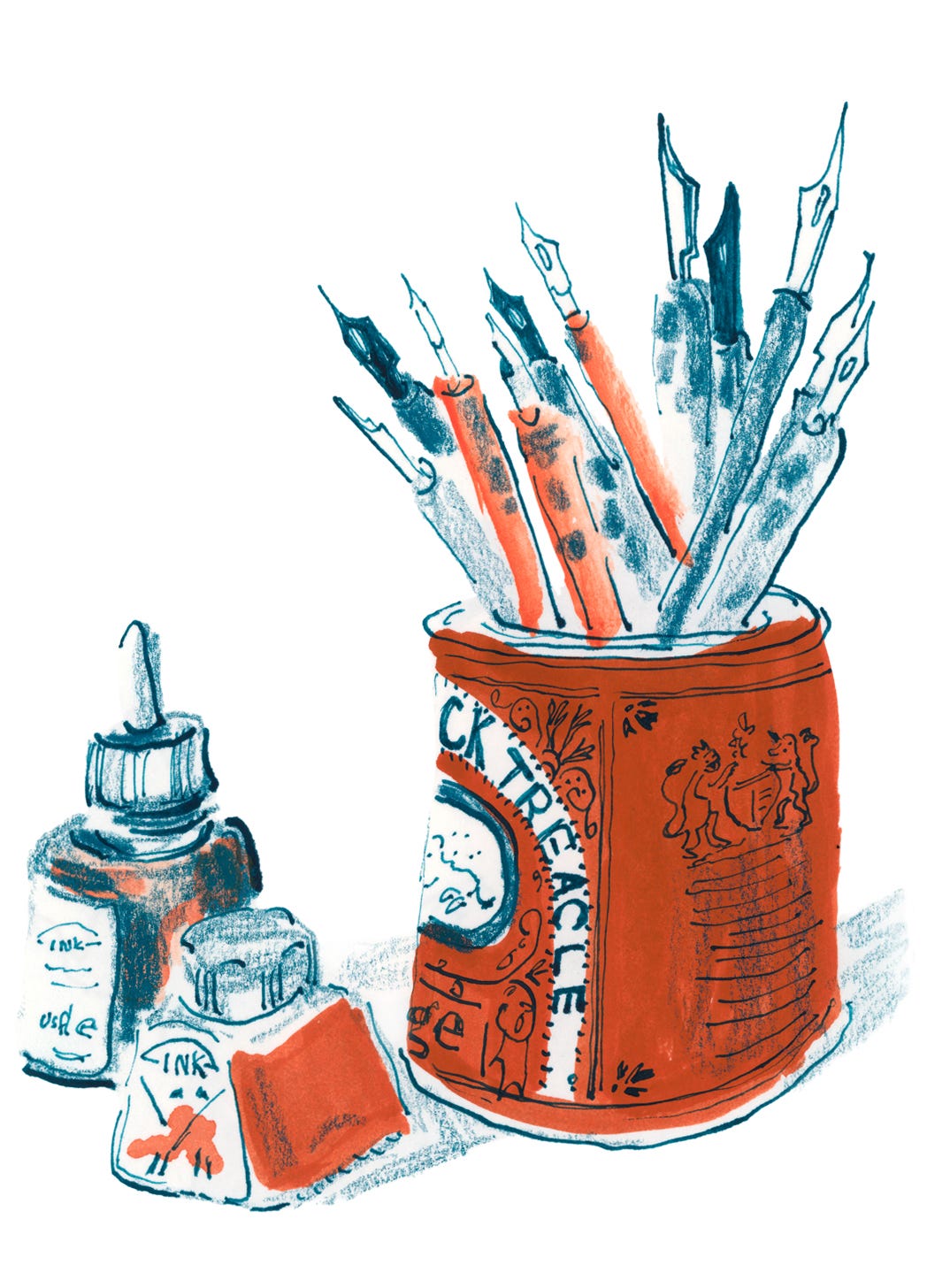 Dip pens stored in a red treacle tin next to two bottles of ink. Illustration in loose style by Nanette Regan