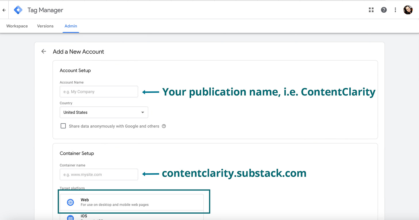 Add your Substack to Google Tag Manager - create a new account