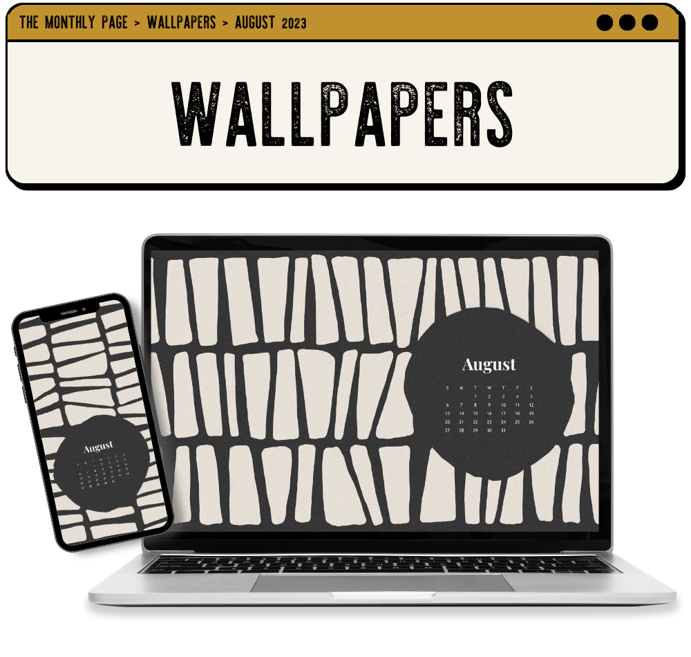 A laptop and smartphone both featuring matching wallpaper backgrounds. The wallpaper is a dark gray background with white abstract shapes in a pattern, featuring a calendar for August 2023.