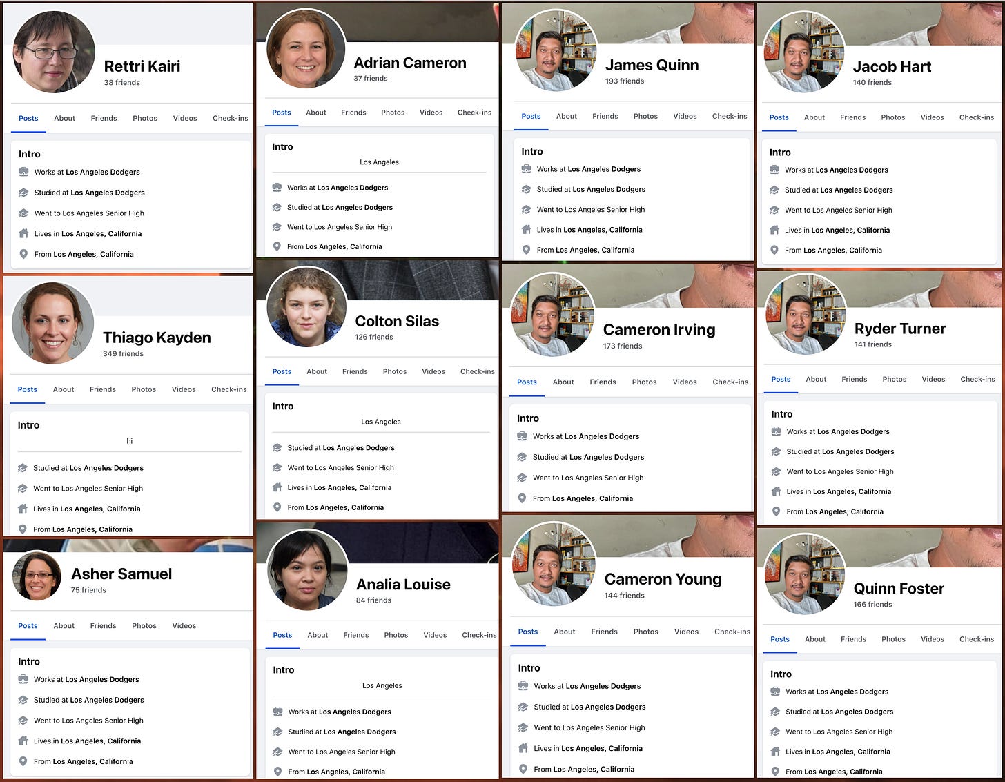 Screenshots of the profiles of 12 fake LA Dodger employee Facebook accounts