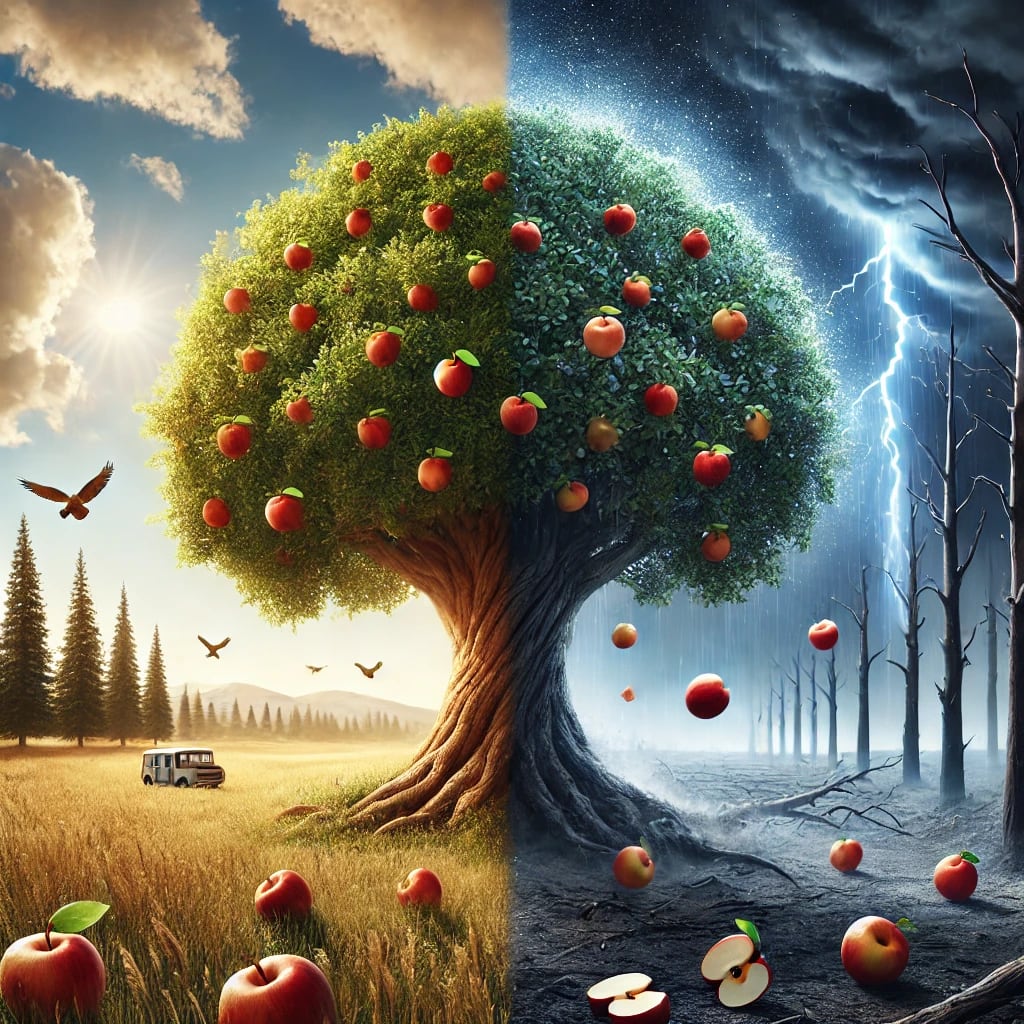 A visually striking image depicting the concept of natural justice. The scene shows a serene landscape with a large, healthy tree under a clear blue sky, its ripe fruit naturally falling to the ground. This side represents the peaceful and inevitable outcome of letting things take their natural course. In contrast, the other side of the image shows a stormy, chaotic landscape with barren trees and dark clouds, symbolizing the turmoil and destruction that can come from seeking revenge.