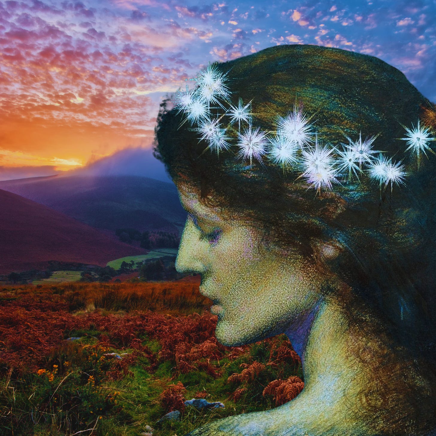 Painting of woman with stars in her hair looking out to an Irish mountain landscape