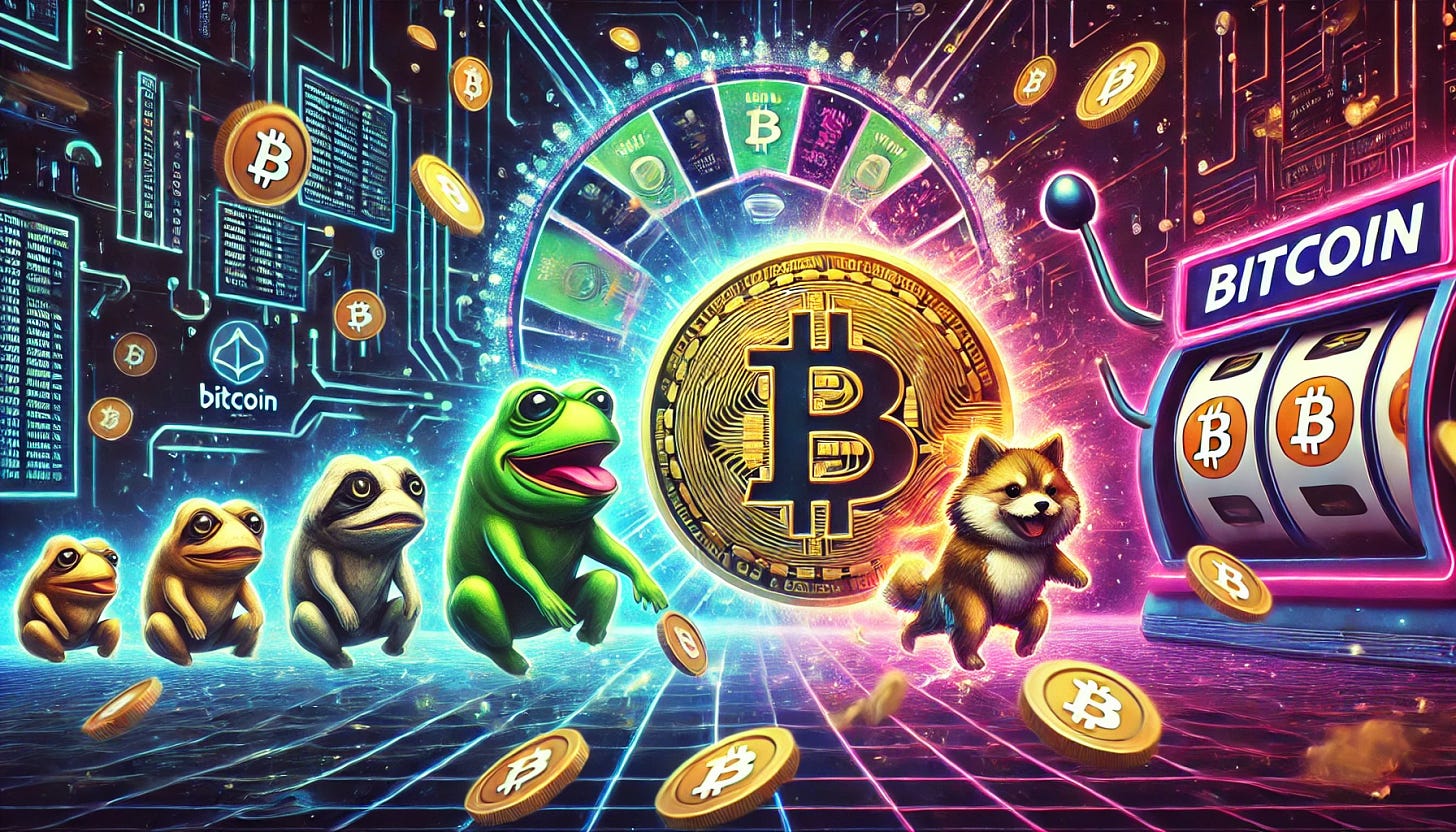 A symbolic and artistic representation of cryptocurrency evolution, showing a transition from Bitcoin to meme tokens. The image features a Bitcoin logo transforming into a cartoonish meme token (like a dog or frog) surrounded by glowing slot machine elements such as spinning reels, coins, and flashing lights. The backdrop is futuristic and tech-inspired, with blockchain-like patterns and a dark, mysterious tone emphasizing the volatility and speculative nature of the subject.