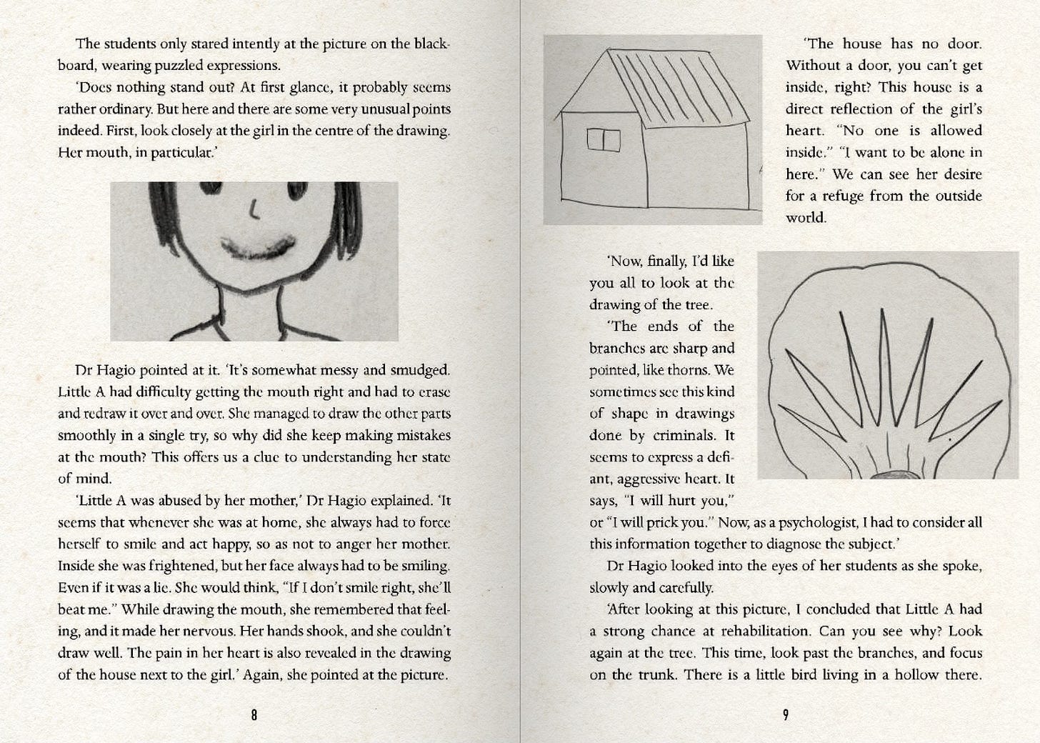 Image shows a spread from a novel, with a child's drawings of a face, a house and a tree 