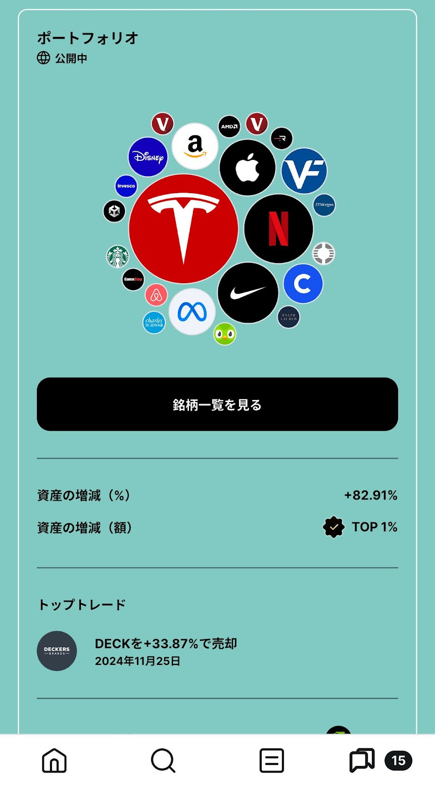 Teslaを中心としたポートフォリオの構成。資産増減率は+82.91%で、トップ1%にランクイン。