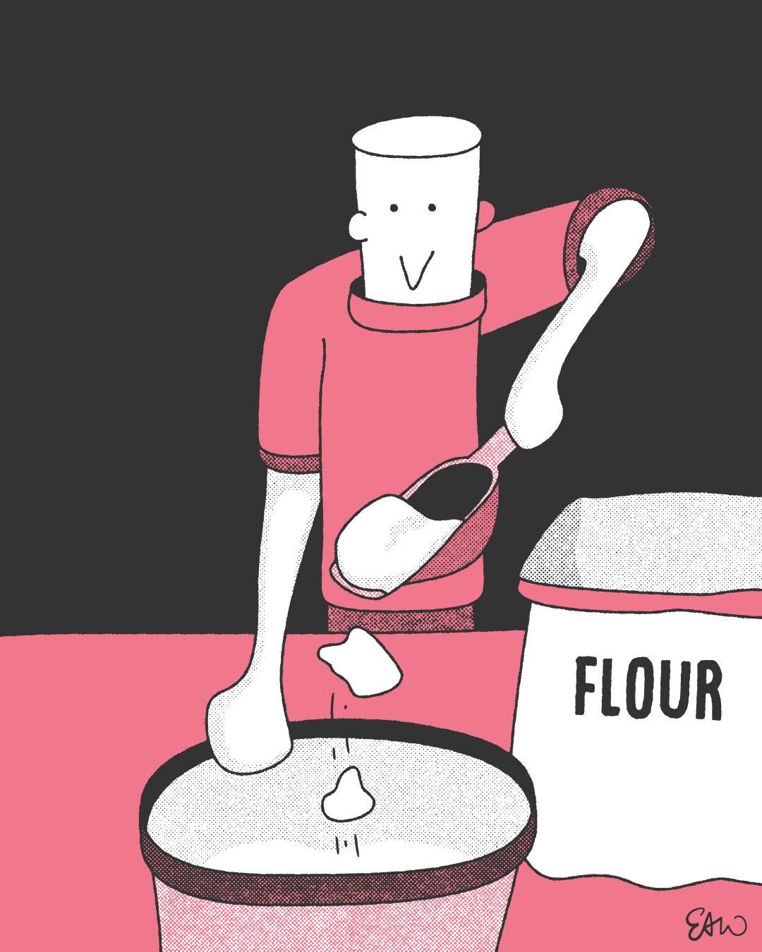 Illustration of a character scooping flour from a bag into a mixing bowl.