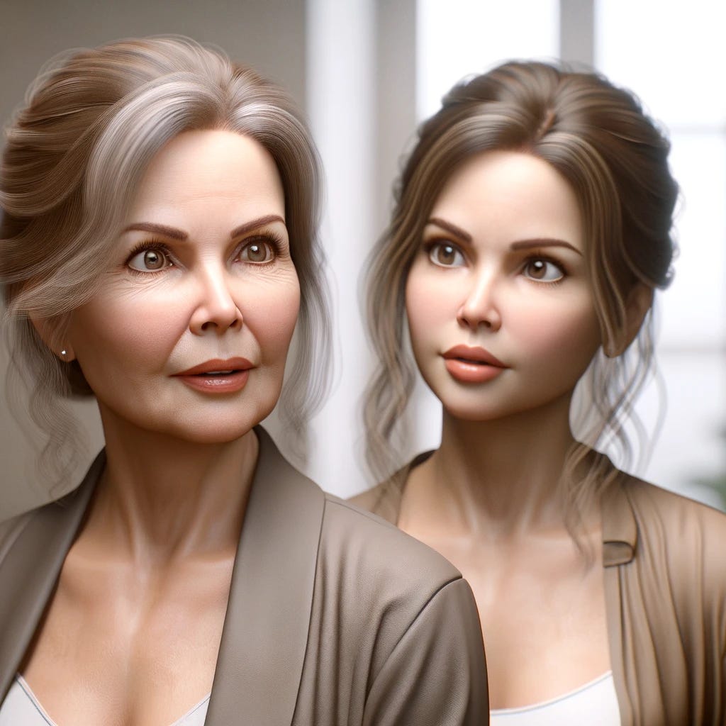 A scene with a 50-year-old woman looking at a younger version of herself. The older woman has an expression of surprise and curiosity. She has features typical of a 50-year-old, like subtle lines and a mature, elegant appearance. The younger woman, a mirror image but appearing 25 years younger, has the same facial features but with the youthfulness and freshness of a 25-year-old. They are in a neutral, well-lit setting that emphasizes their similarities and differences.