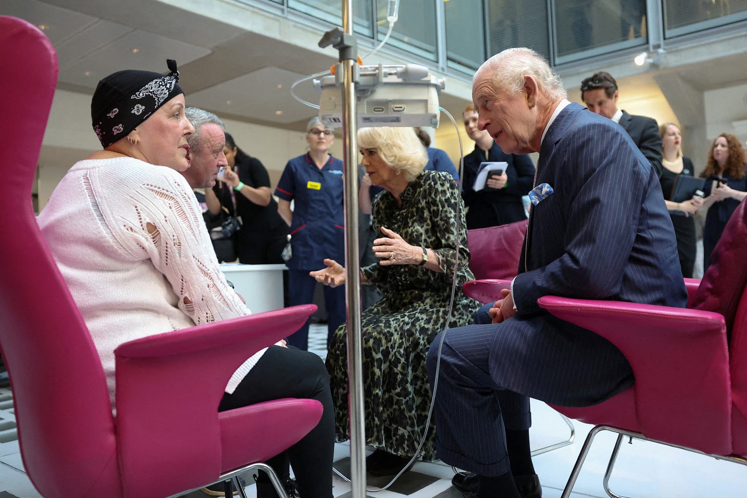 king charles visits a cancer treatment centre in london in april 2024