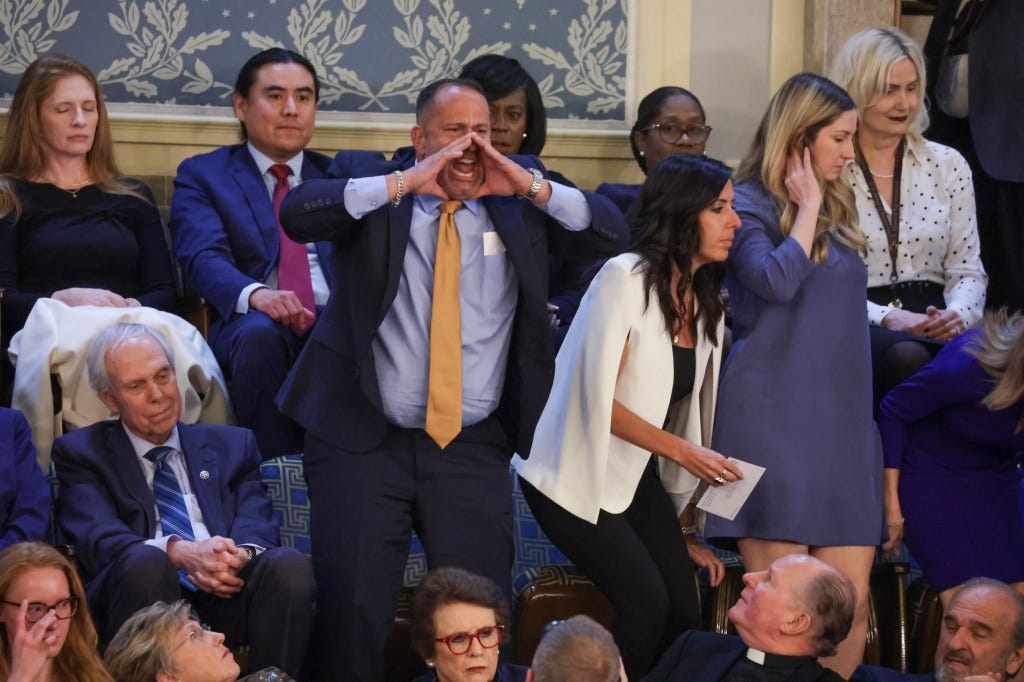 A heckler yells out as U.S. President Joe Biden delivers the State of the Union address during a joint meeting of Congress in the House chamber at the U.S. Capitol on March 07, 2024 in Washington, DC.