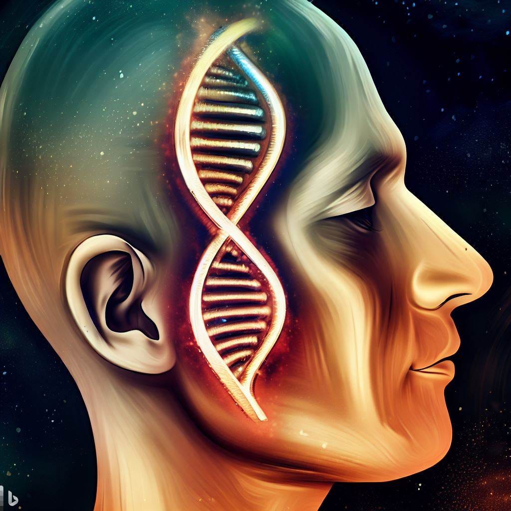 a man's head made of DNA double helix with an obvious DNA double helix in the style of da vinci