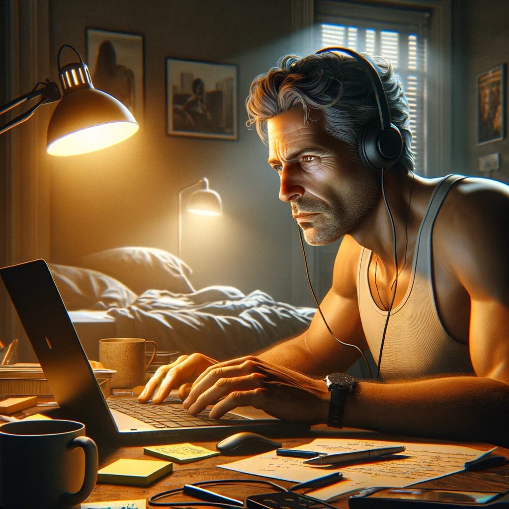 A digital painting of a man in his 40s, alone in his room, deeply focused on his work on a laptop. The room is dimly lit by a desk lamp, casting a warm glow over the workspace, which includes scattered notes, a couple of books, and a coffee mug. The man, showing signs of maturity with slight graying at the temples and a more seasoned expression, wears headphones, a symbol of his deep focus and isolation from the outside world. His gaze is fixed intently on the laptop screen, absorbed in his task. The background of the room features a neatly made bed and a poster on the wall, creating a personal and lived-in atmosphere. The scene captures a moment of solitary dedication, highlighting the man's commitment to his work. Digital art style, focusing on realism with particular attention to the mood conveyed by the lighting and the detailed setting to evoke a sense of contemplative solitude.