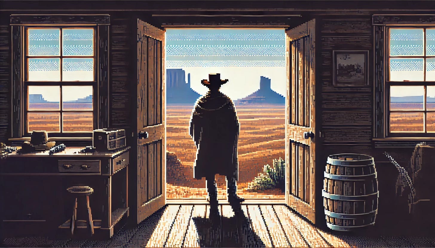 A pixel art inspired by the famous doorway scene from the movie 'The Searchers' directed by John Ford. A cowboy stands framed by a doorway, gazing out over a vast desert landscape with mesas and distant mountains. The scene captures the contrast between the shadowed interior and the sunlit expanse beyond, evoking the classic Old West aesthetic. The wagon wheel is removed from the scene.