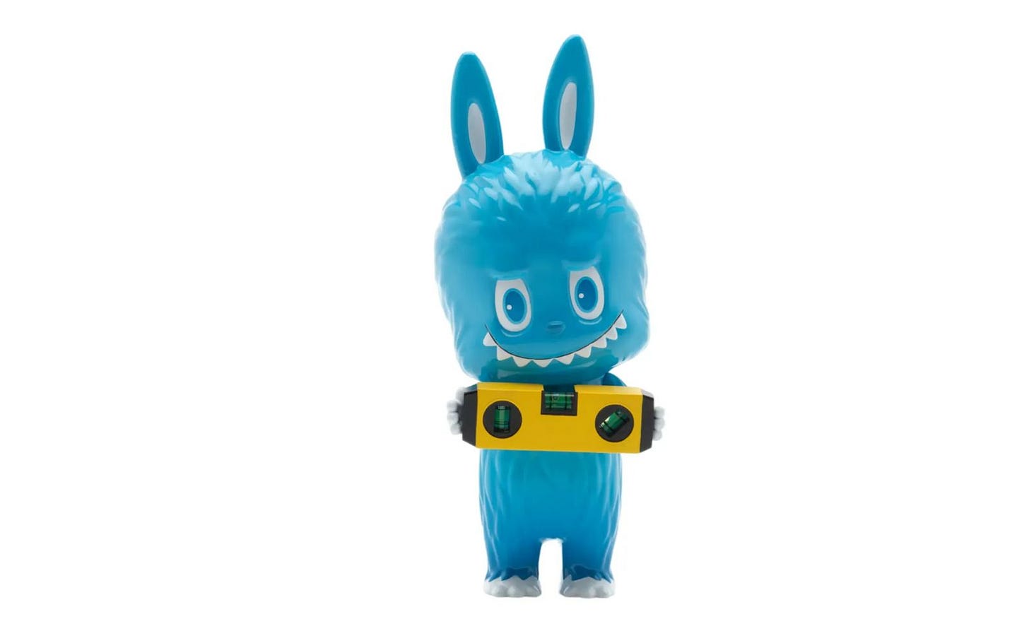 Front view of Basel-blue Labubu designer toy by Kasing Lung for Pop Mart, holding a yellow spirit level. Front view of Basel-blue Labubu designer toy by Kasing Lung for Pop Mart, holding a yellow spirit level.