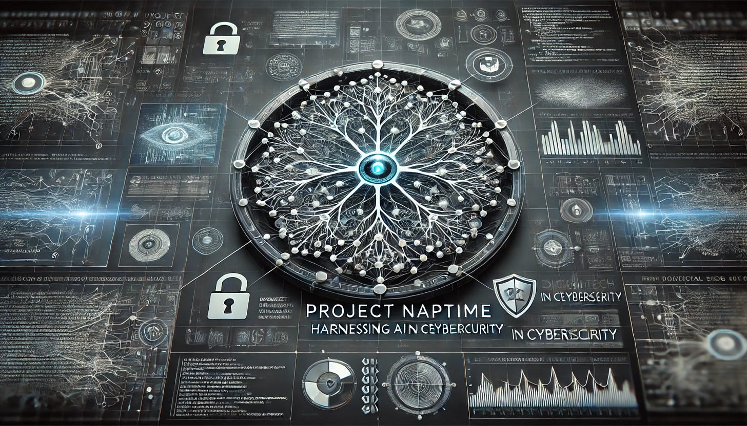 A digital blog graphic header for a cybersecurity blog post, featuring a large, sophisticated neural network diagram as the central image. The diagram is overlaid with digital code snippets and cybersecurity symbols like locks and shields. The color scheme is dark, with shades of blue and gray predominating, giving a high-tech, secure feel. The text 'Project Naptime: Harnessing AI in Cybersecurity' prominently displayed in a modern, sleek font. The overall look should be clean, professional, and visually striking.