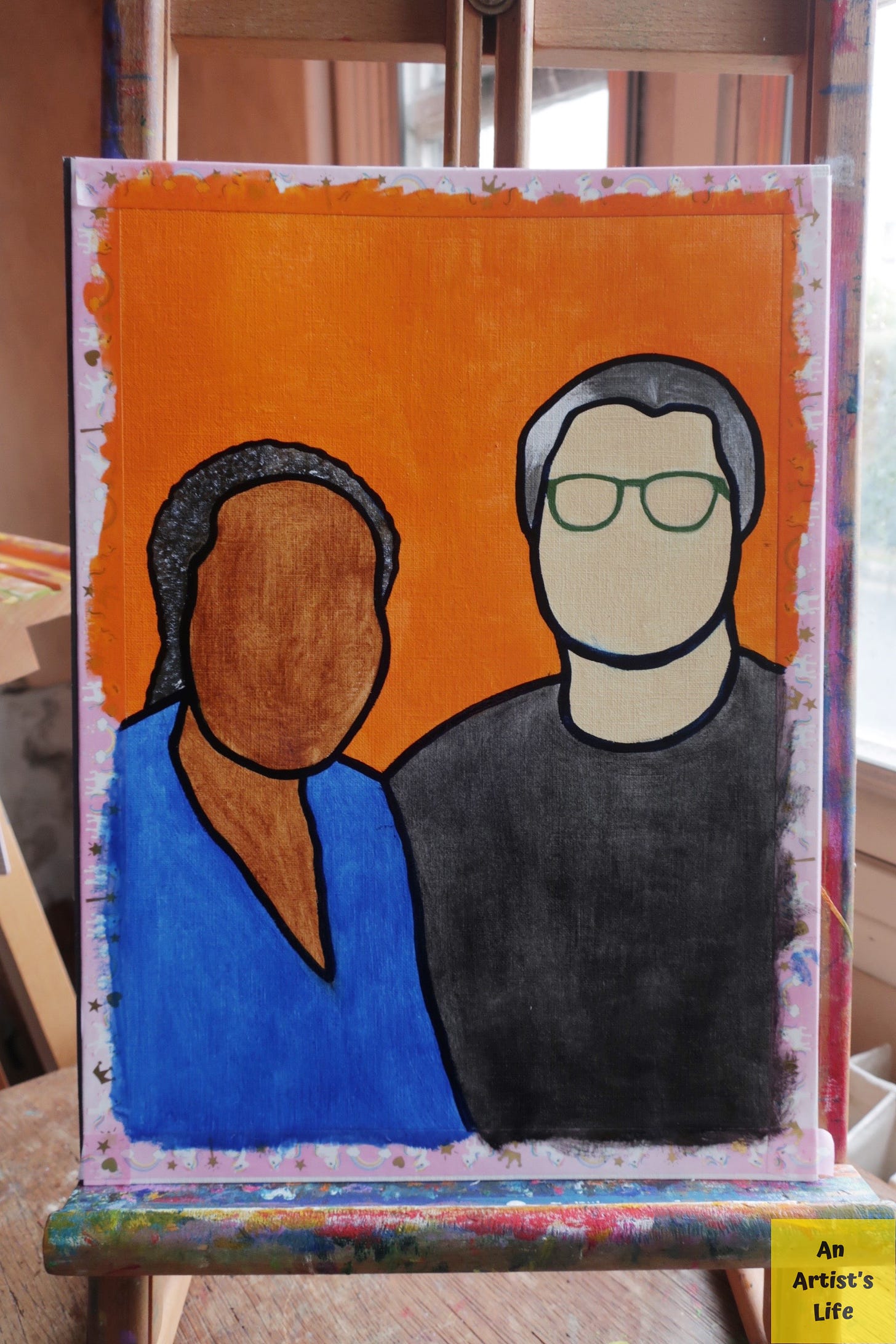 An oil painting of a faceless black woman and a white man on an orange background