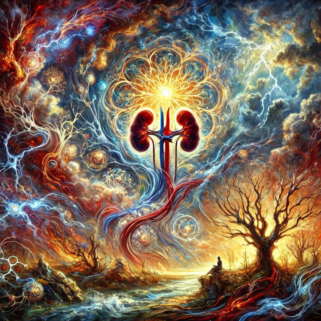 An expressive oil painting capturing the essence of stress and adaptation as a concept in nature and science. The scene features a vibrant, swirling depiction of interconnected organic forms and natural elements symbolizing stress responses, including a glowing adrenal gland-like figure amidst stormy skies, an intricate web of branching pathways like blood vessels and nerves, and resilient trees standing against strong winds. The colors are rich and bold, with dramatic contrasts of reds, blues, and golds to reflect intensity and resilience. The style is impressionistic with dynamic brushstrokes, evoking both tension and harmony.