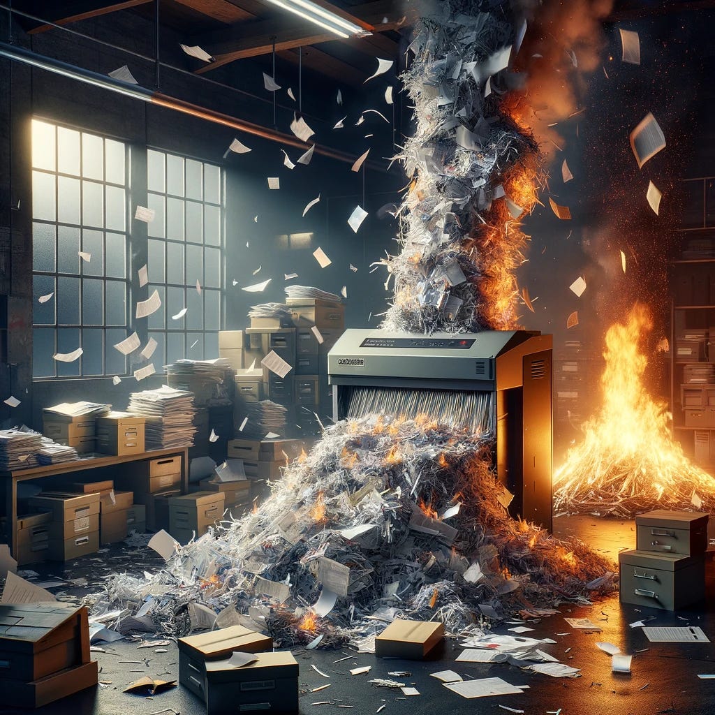An image showcasing the destruction of papers and records in a dramatic fashion. The scene is set in an office environment, where a large shredding machine is actively tearing through stacks of paper, with pieces of shredded documents flying through the air. In the background, a bonfire is burning brightly, consuming piles of old records and emitting sparks and smoke into the air. The atmosphere is chaotic yet cathartic, symbolizing the end of an era or the cleansing of outdated information. The office space is dimly lit by the fire's glow, casting dramatic shadows and highlighting the intense action of destruction.