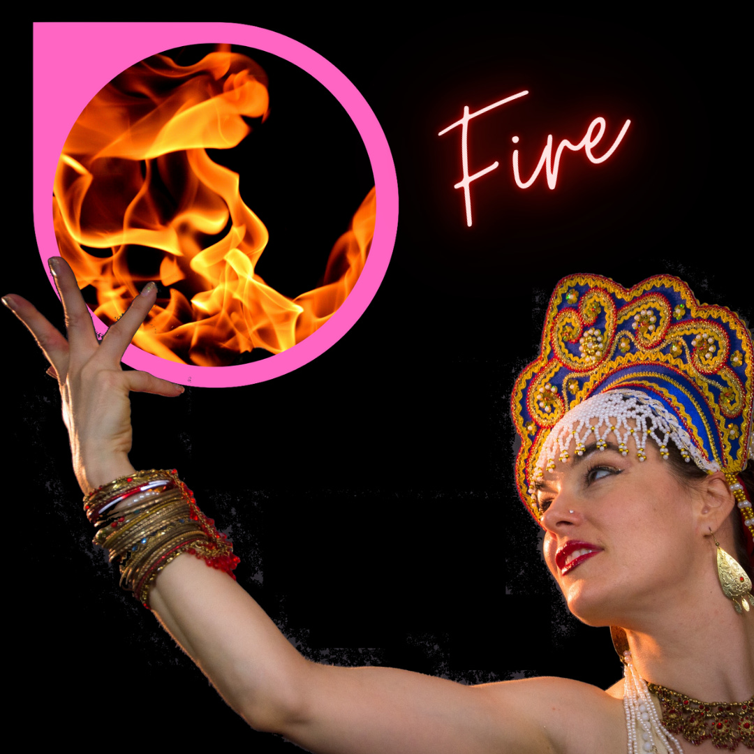 The author in an ornate headdress holds up a ball of engulfing flames: FIRE