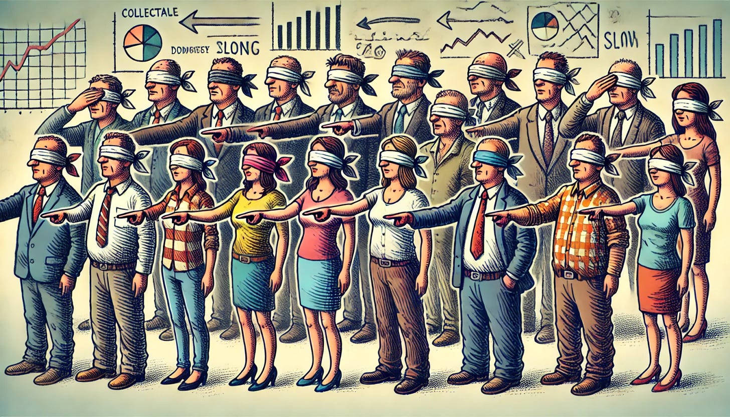 A whimsical cartoon illustration featuring a group of blindfolded people, mostly pointing in the same direction, symbolizing collective but uncertain judgment. The characters are diverse, dressed in casual and professional attire, with exaggerated, humorous expressions. The scene is playful and colorful, set against a simple background with subtle economic symbols like graphs and charts faintly visible. The tone is lighthearted and thought-provoking.