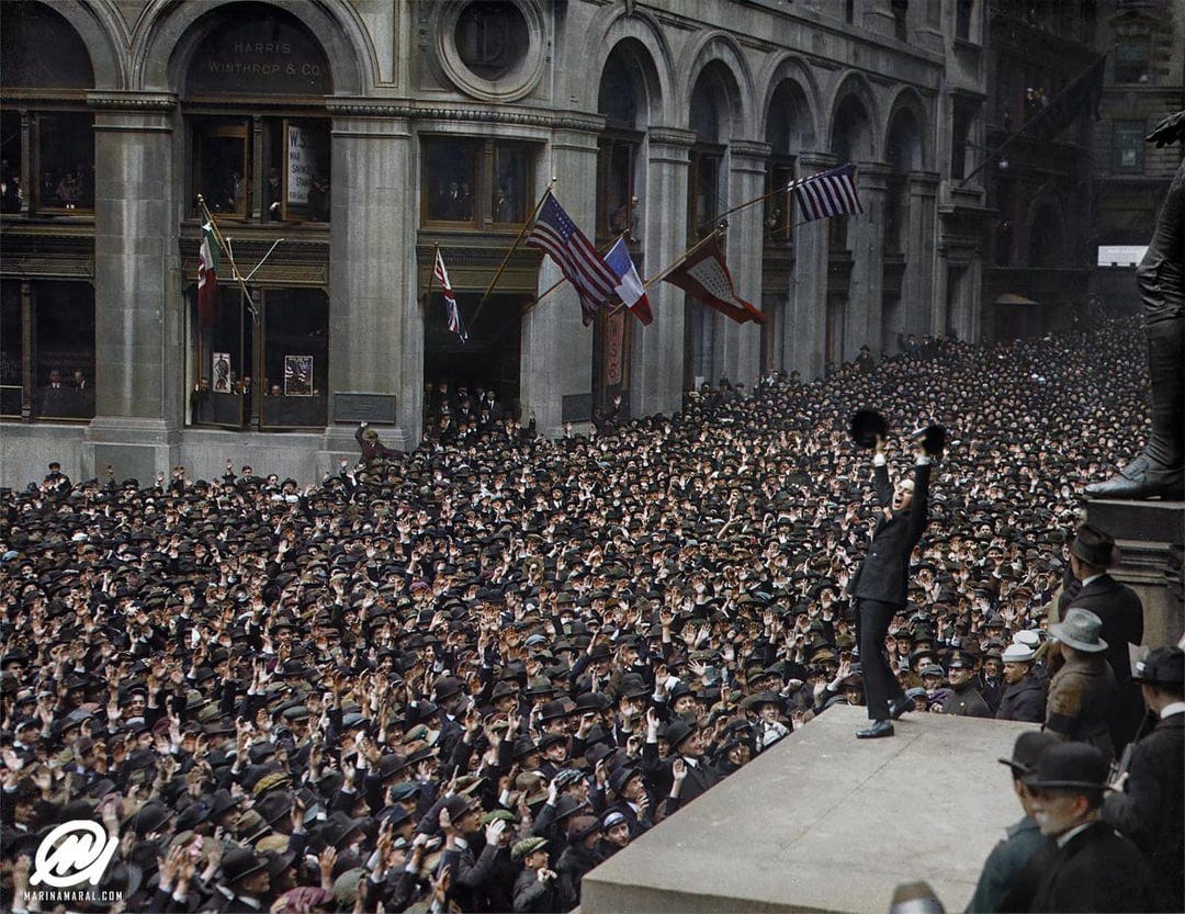 Charlie Chaplin selling war bonds on Wall Street, 1918 : r/ColorizedHistory