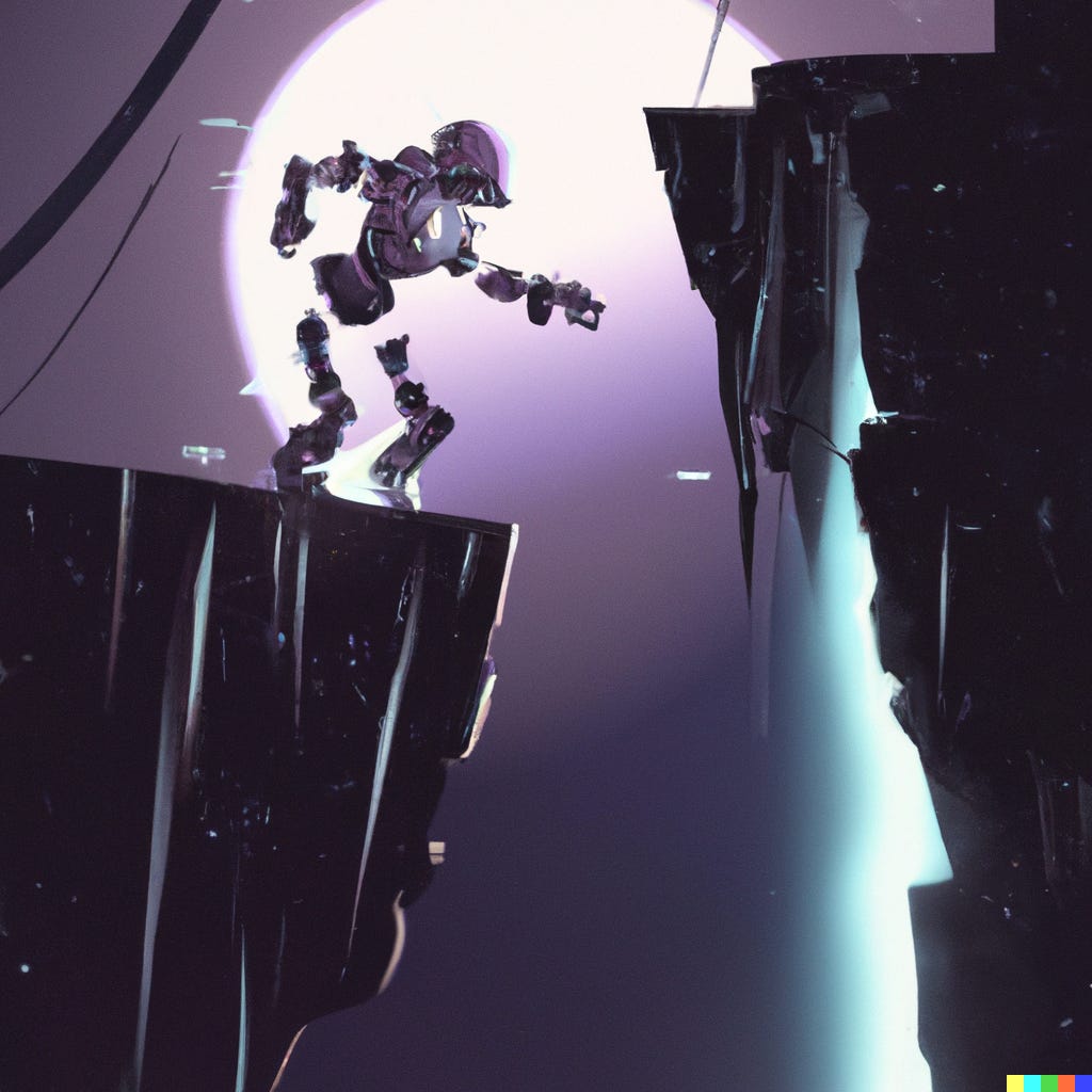 “cyberpunk illustration of a robot crossing a chasm” / DALL-E