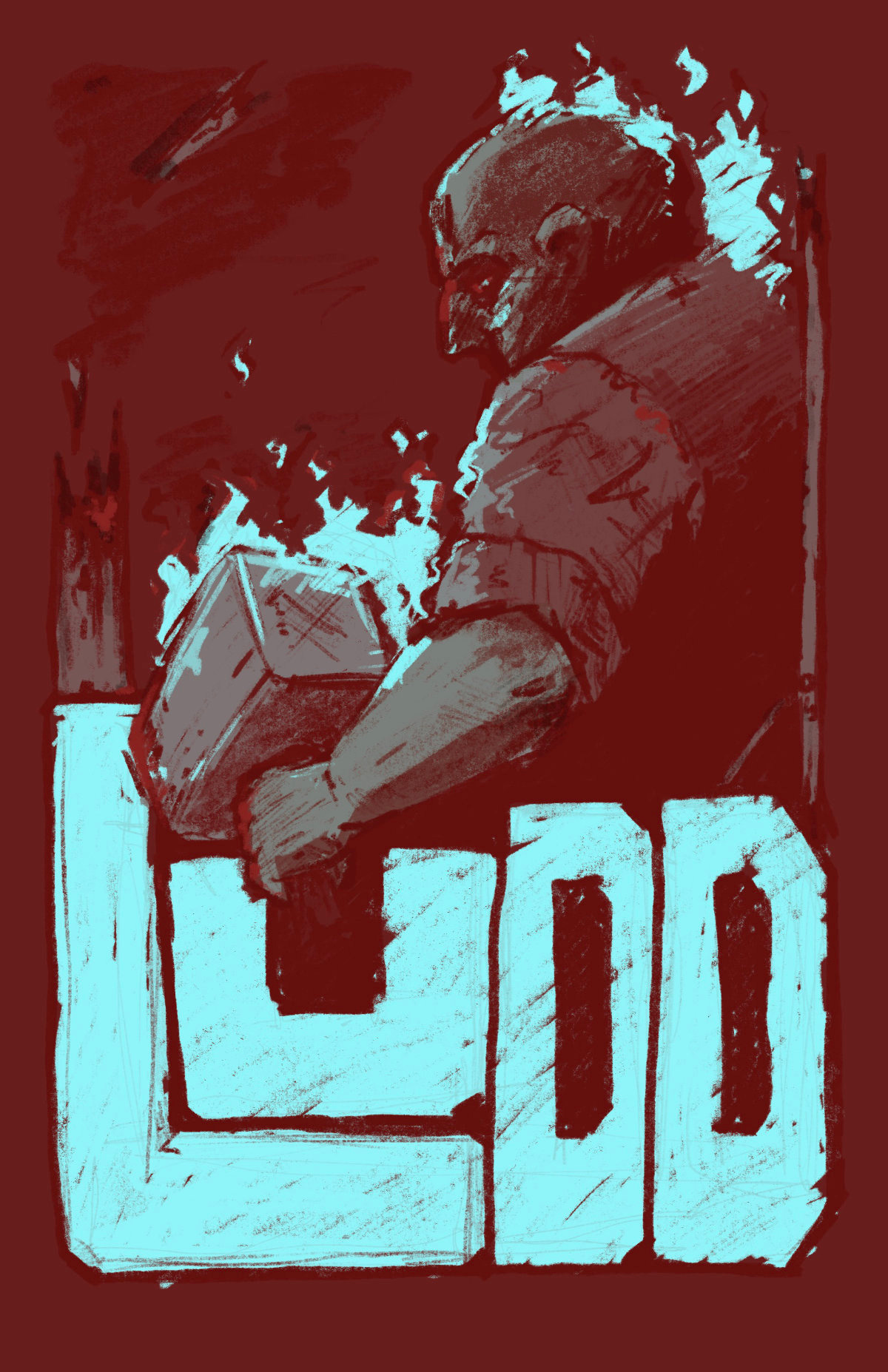 An illustration of a large figure carrying a hammer, surrounded by flame, with the word LUDD in stylized letters below. Red and cyan colours dominate. 