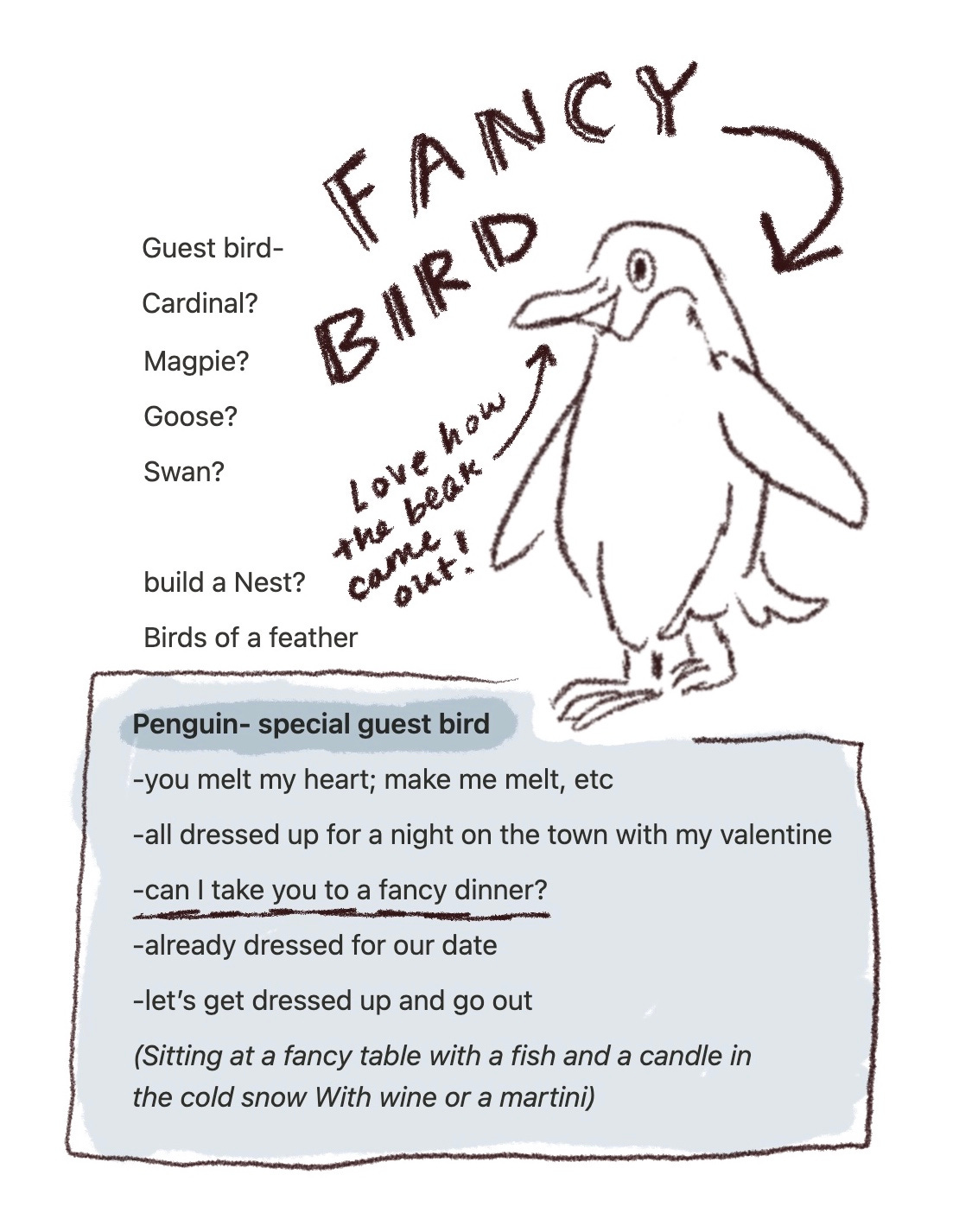 brainstorming process the penguin in my illustrated bird valentines by kayla stark