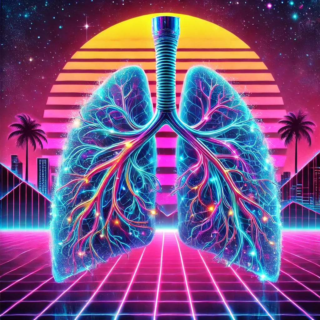 A synthwave depiction of lungs, with a blend of organic and mechanical elements. The lungs should have neon lights and wires integrated into their structure, glowing in vibrant colors like electric blue, neon pink, and purple. The background should feature a retro-futuristic cityscape with palm trees, grid lines, and a vibrant sunset with hues of pink, purple, and orange. The overall style should be sleek, high-tech, and nostalgic, emphasizing the fusion of human anatomy with retro-futuristic aesthetics.