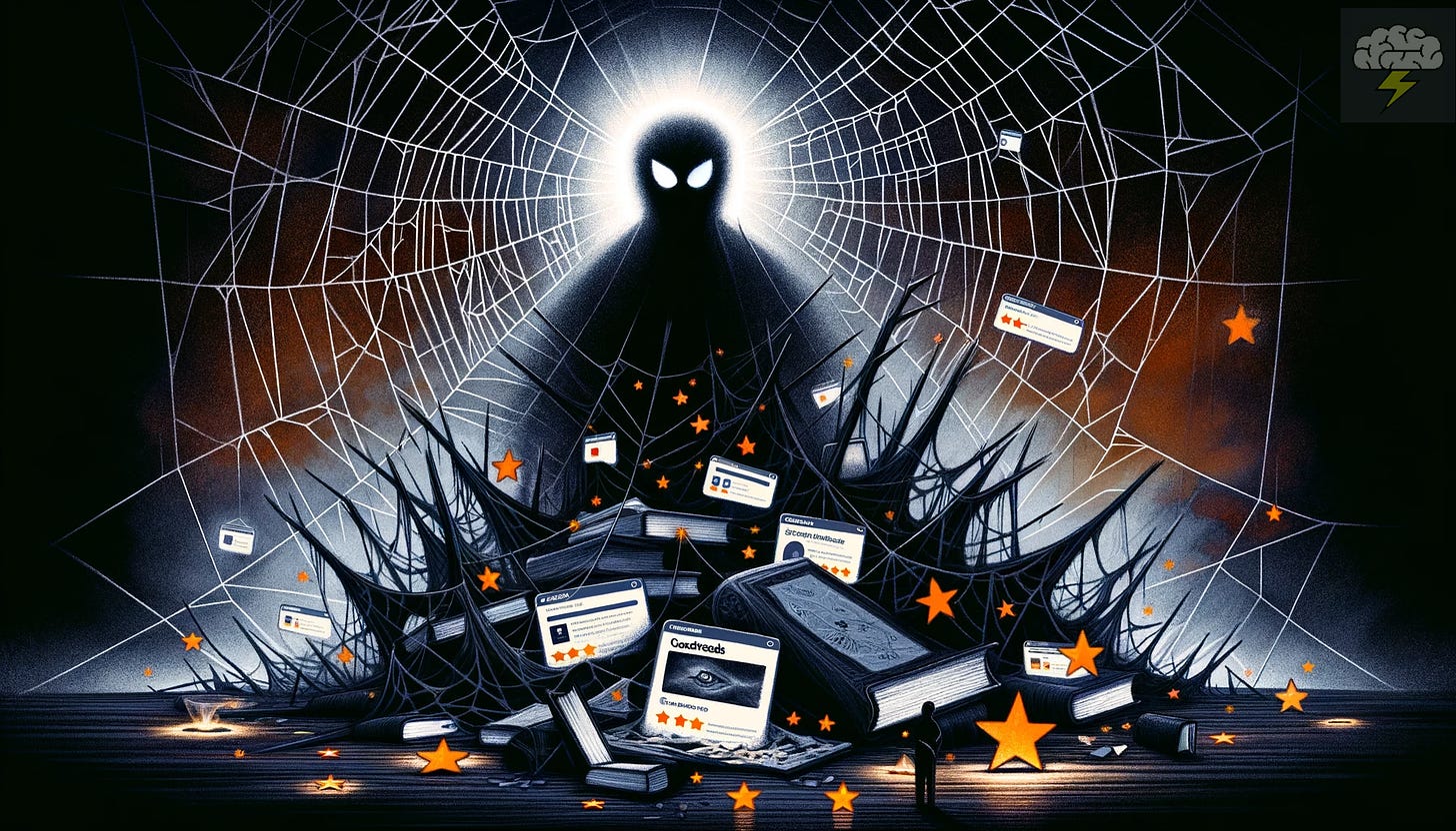 Digital illustration depicting the struggles of Goodreads. In the foreground, a large, intricate web symbolizes the platform's tangled issues. Entangled in this web are a book with a torn cover, representing Goodreads' decline from its initial promise, and a silhouette of a person holding a mask, indicating deceitful practices like fake accounts and review bombing. Scattered around are broken stars, alluding to a flawed rating system. In the background, a faint, digital interface of Goodreads is visible, showcasing its clunky user experience. The color scheme is dark and moody, with subtle hints of the Goodreads logo colors, reflecting the platform's current troubled state.