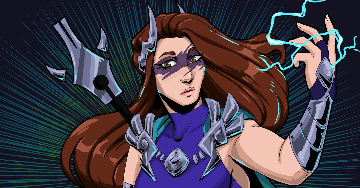 A stylized rendition of Amy, a brunette, with a purple and silver costume evoking a god of thunder and writing. 