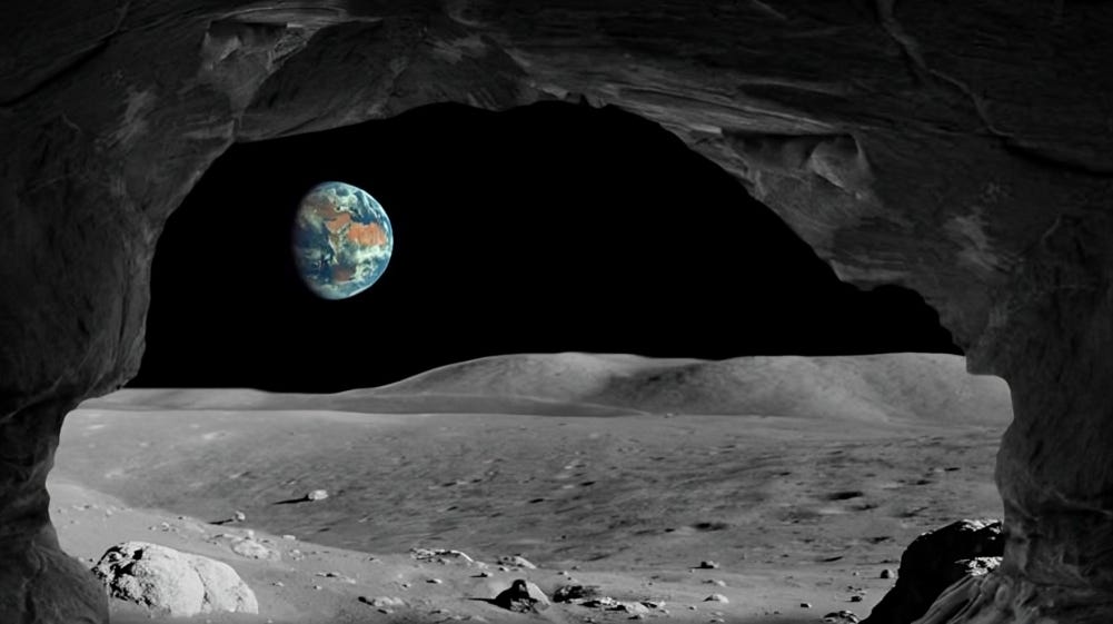 iew of Earth from the inside of a moon cave, showing the barren lunar landscape with Earth in the background.