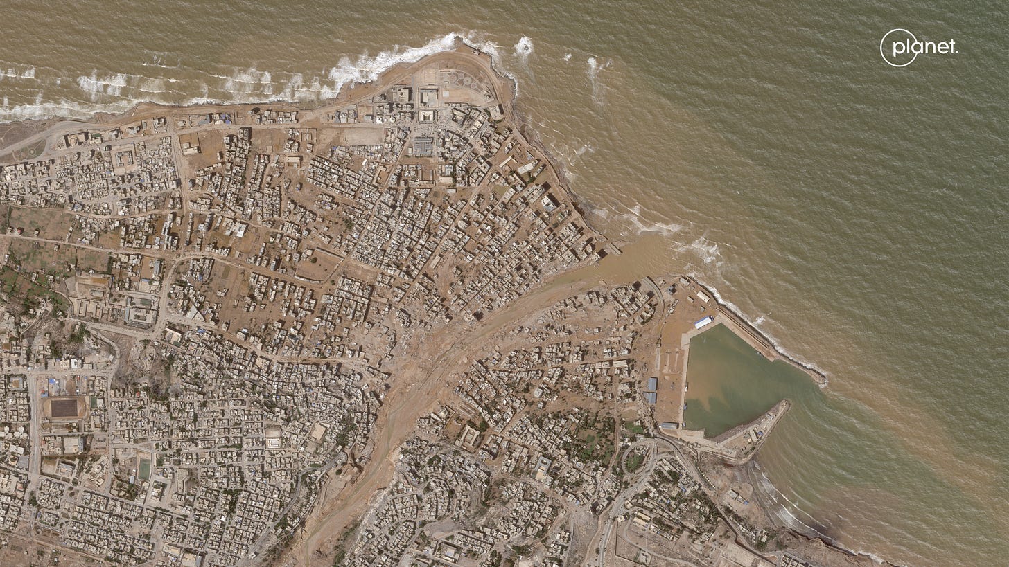 This satellite photo from Planet Labs PBC shows flooding in Derna, Libya.