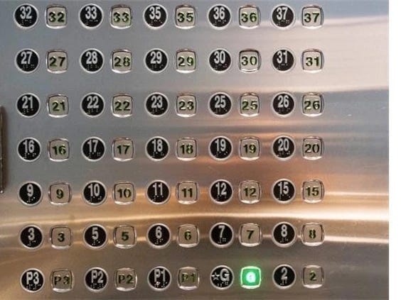 An elevator with a missing 4th, 13th, 14th floor button.