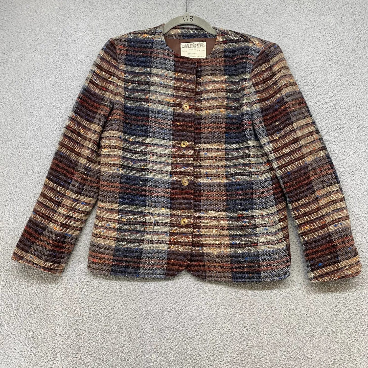 Jaegar Wool Jacket Womens 10 Brown Plaid 90s Lined Tweed Button Front Vintage - Picture 1 of 14