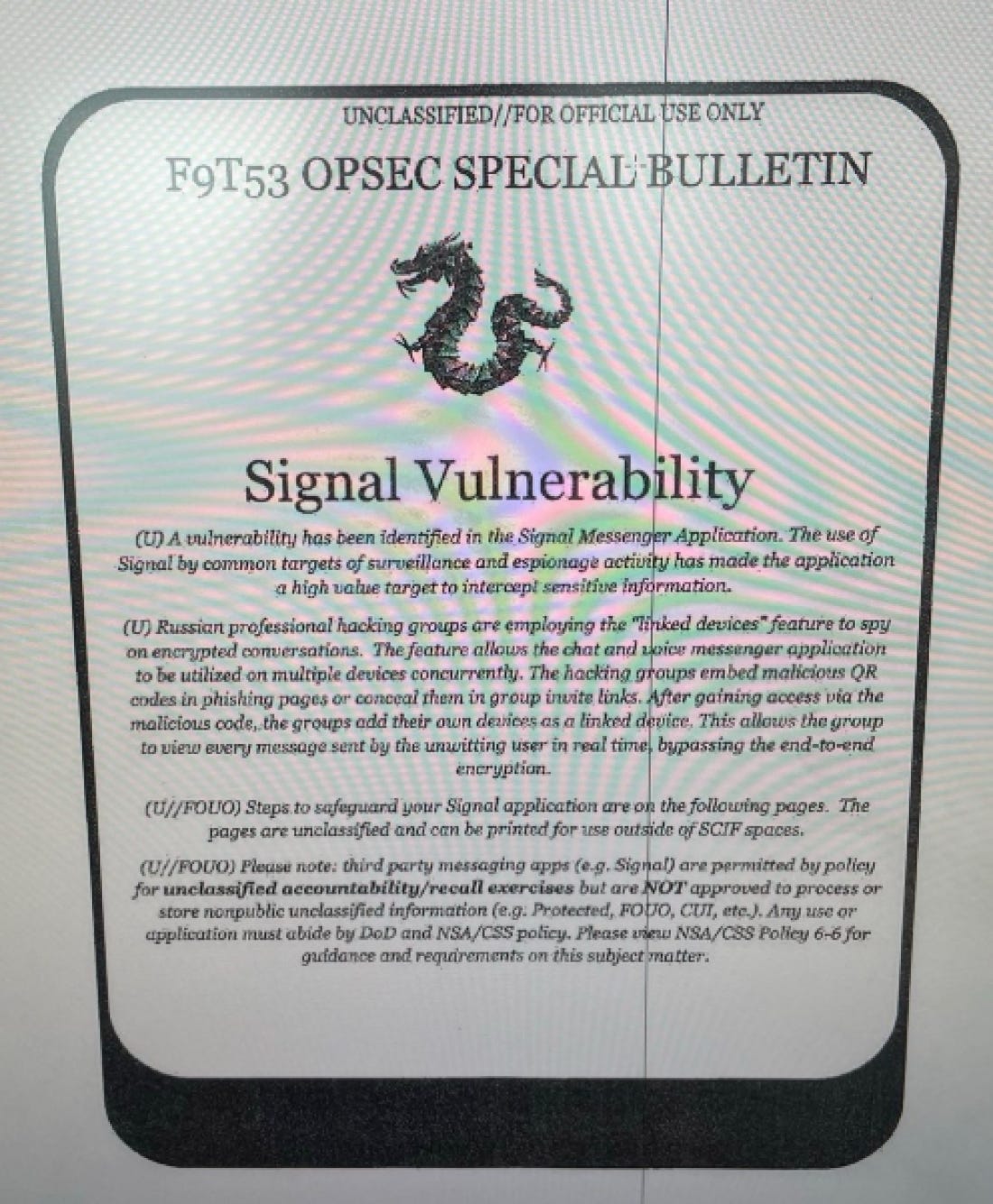 This screen grab shows a page of a Pentagon-wide memo warning against using the messaging app Signal. The top has an image of a dragon-like creature and the words "Signal Vulnerability" below it. The bottom portion has many lines of text.