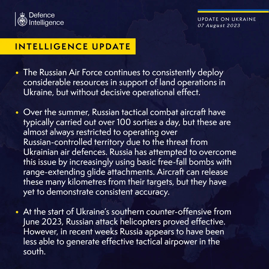 Latest Defence Intelligence update on the situation in Ukraine - 07 August 2023. Please read thread below for full image text.