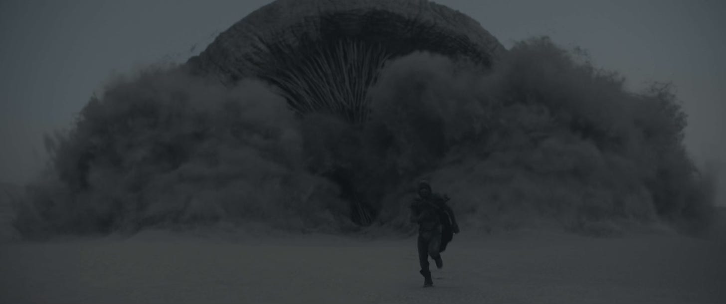 A sandworm chases Paul (Timothée Chalamet) in Dune 