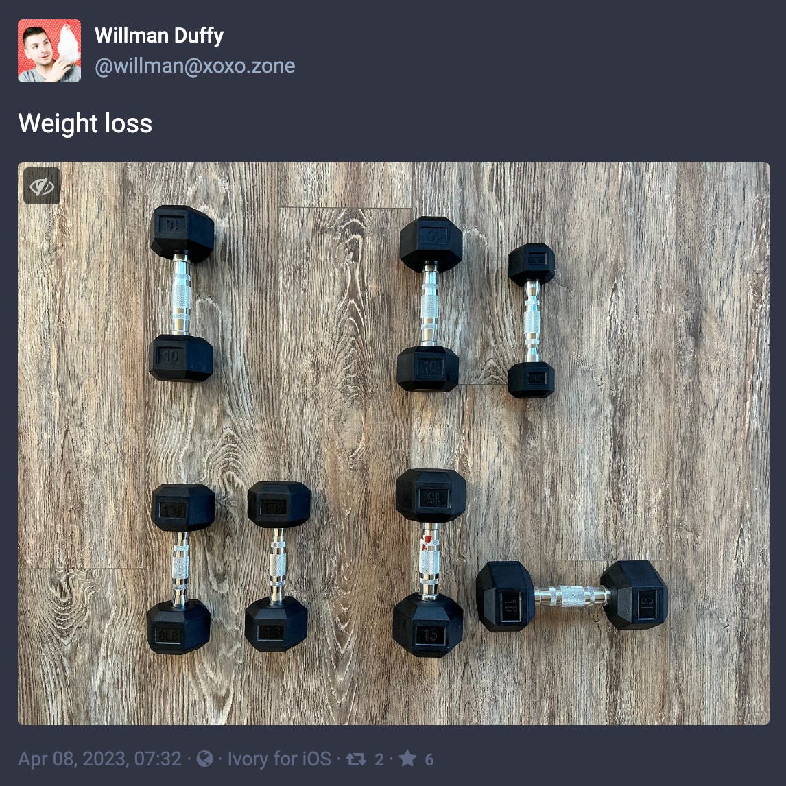 Toot by Will Duffy: “Weight loss,” above an image of one dumbbell, then one bigger and one slightly smaller dumbbell, then two dumbbells, then one vertical and one horizontal dumbbell. 