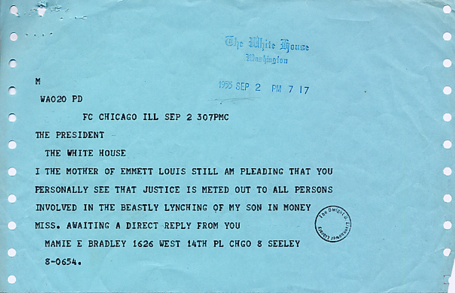 Telegram from Mamie Bradley (mother of Emmett Till) to President Eisenhower  | Eisenhower Foundation