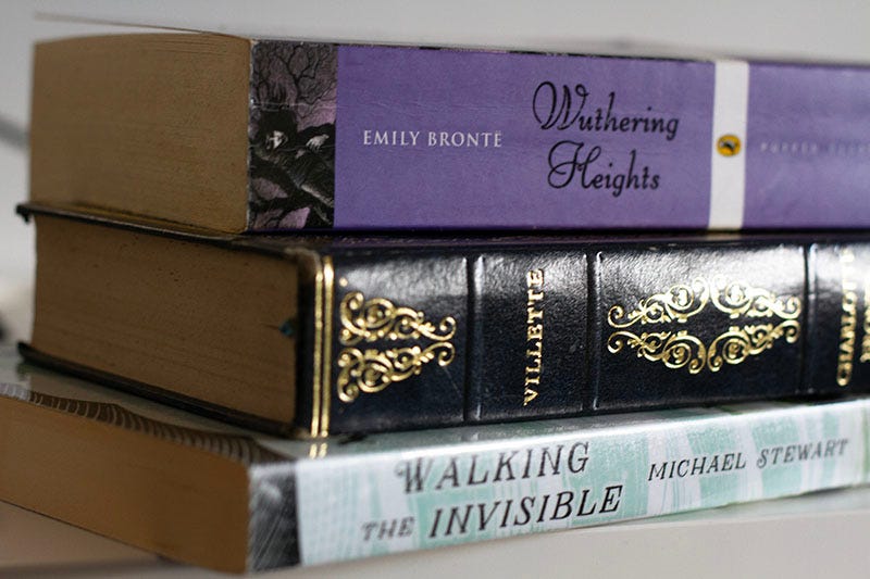 Copies of Emily Brontë’s ,Wuthering Heights’, Charlotte Brontë’s ‘Villette’ and Michael Stewart’s ‘Walking the Invisible’.