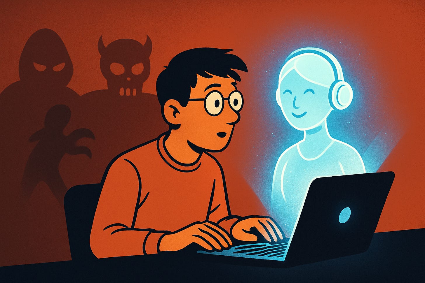 From left to right: Some scary looking shadows, a developer enthralled by his screen and then a AI person glowing to his rigth