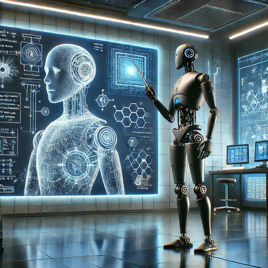 A futuristic AI-powered research lab with a humanoid robot at the center. The robot is holding a stick and pointing at a blackboard, which contains a detailed sketch of the same robot, as if explaining itself. The blackboard also features complex neural network diagrams and mathematical formulas. The setting is sleek and modern, filled with holographic displays and high-tech equipment, symbolizing OpenAI's deep research capabilities. The overall aesthetic is sophisticated and high-tech.