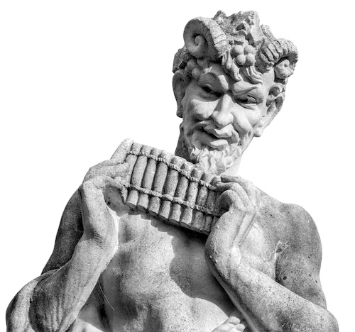 sculpture of horned god with Pan pipes