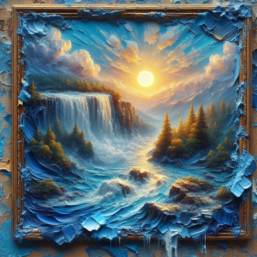 Chunky oil painting image; tilt shift  from above, oil painting with pallet knives, there is an oil painting in an antique frame floating down a river rapid, about to go over the waterfall The sun is in the sky, it is an oil painting. The cerulean blue sky is full of paint scraper clouds. Luminescent, ethereal.. 