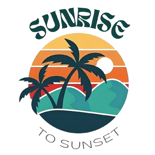 Sunrise to Sunset logo featuring a sunset scene with palm trees, mountains, and ocean waves, symbolizing a serene transition from dawn to dusk.